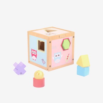 Wooden cube-shaped sorting puzzle toy