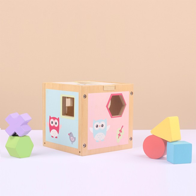 Wooden cube-shaped sorting puzzle toy