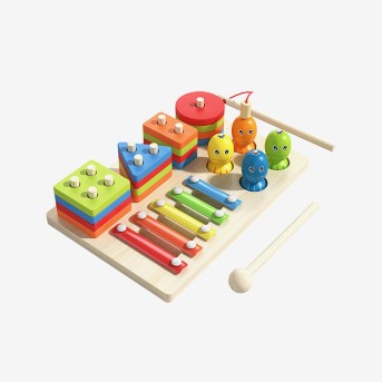 Three-in-one wooden activity and educational toy