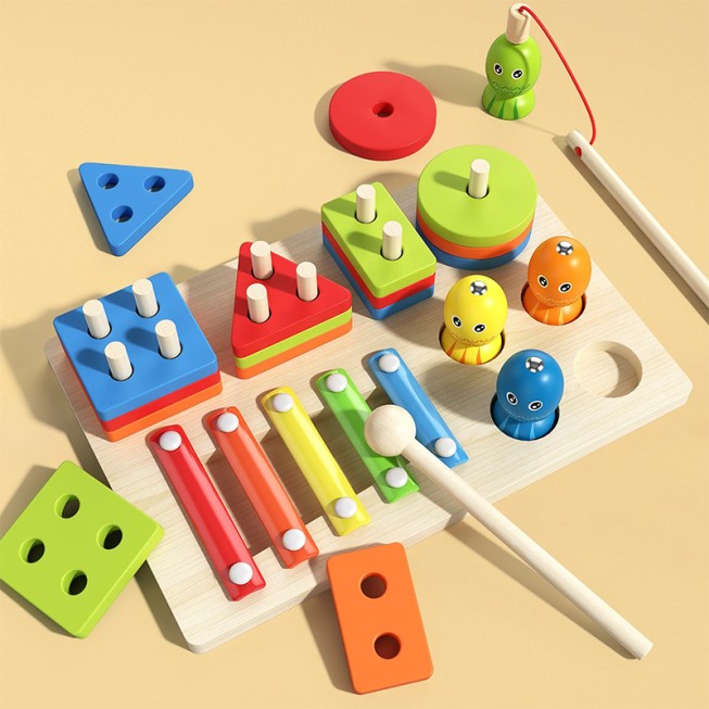 Three-in-one wooden activity and educational toy