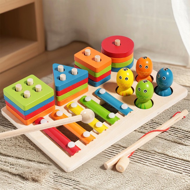 Three-in-one wooden activity and educational toy