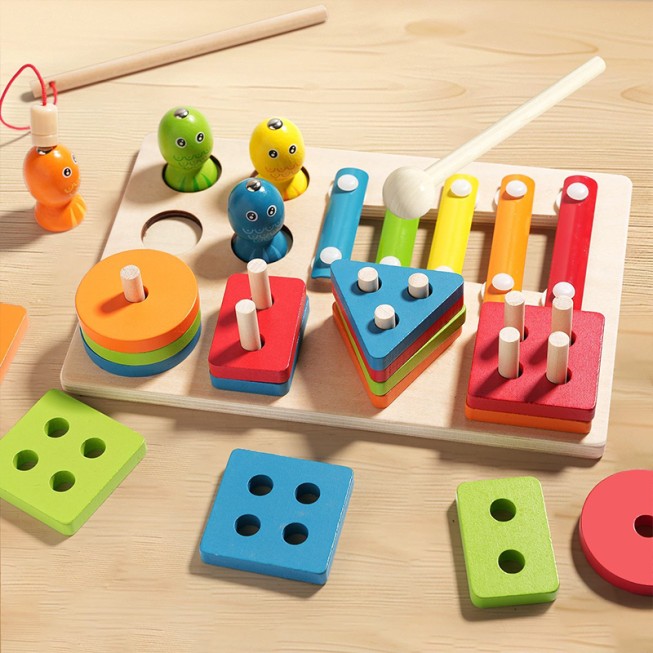 Three-in-one wooden activity and educational toy