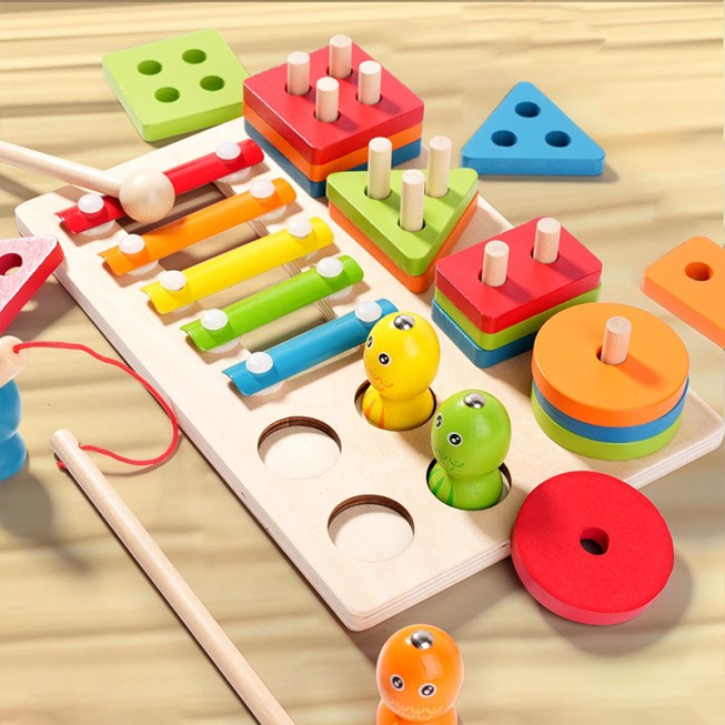 Three-in-one wooden activity and educational toy